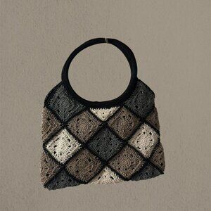 Black, grey and brown crochet hand bag